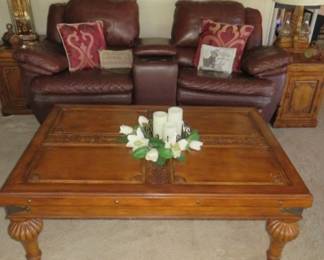Brown Faux Leather Dual Rocker Recliner, Square Solid Wood Coffee Table/Matching End Table Cabinets