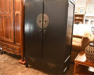 $100 Antique Black Lacquer Wedding Cabinet with Oversized Brass Medallion 