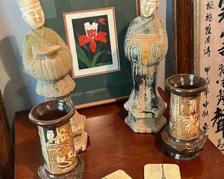 orchid print by Jess Flores, asian figurines, Bretby vases