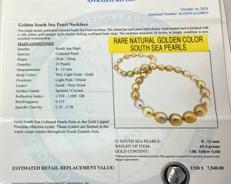 GOLDEN SOUTH SEA PEARL NECKLACE, 14KT YELLOW GOLD BEAD CLASP, 18’’ L, 65.4g TOTAL WEIGHT, AIGL APPRAISAL $7,540.00