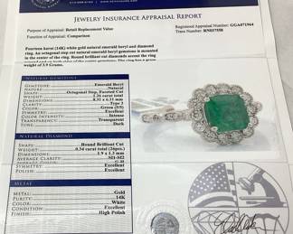 14KT WHITE GOLD EMERALD & DIAMOND RING, SIZE 5.75, 1.26cts EMERALD, 0.34cts DIAMONDS, 3.9g TOTAL WEIGHT, GGA APPRAISAL $14,930.00
