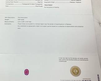 PLATINUM KASHMIR SAPPHIRE & DIAMOND RING, SIZE 6.75, 0.87cts SAPPHIRE, 0.56cts DIAMONDS, 6.2g TOTAL WEIGHT, G.I.A. CERTIFIED RARE UNHEATED KASHMIR SAPPHIRE, AIGL APPRAISAL $13,532.00