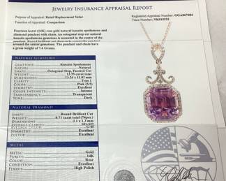 14KT ROSE GOLD KUNZITE SPODUMENE & DIAMOND PENDANT w CHAIN, 13.55cts KUNZITE SPODUMENE, 0.71cts DIAMONDS, 7.4g TOTAL WEIGHT, GGA APPRAISAL $10,590.00