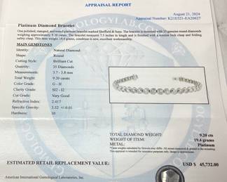 PLATINUM DIAMOND BRACELET, 7.5’’ L, 9.20cts DIAMONDS, 19.4g TOTAL WEIGHT, AIGL APPRAISAL $45,732.00
