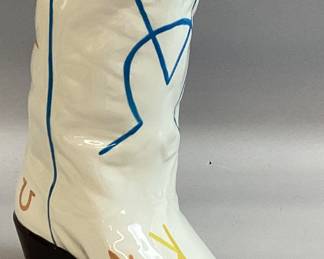 STORY TELLER ARTS HAND PAINTED COWBOY BOOT VASE