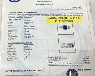 PLATINUM SAPPHIRE & DIAMOND RING, SIZE 6.75, 0.98cts SAPPHIRE, 0.73cts DIAMONDS, G.I.A. CERTIFIED NATURAL GENUINE SAPPHIRE, 6.6g TOTAL WEIGHT, AIGL APPRAISAL $11,784.00