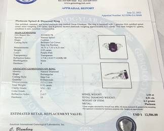 PLATINUM SPINEL & DIAMOND RING, SIZE 7, 2.93cts SPINEL, 0.51cts DIAMONDS, 6.1g TOTAL WEIGHT, AIGL APPRAISAL $12,586.00