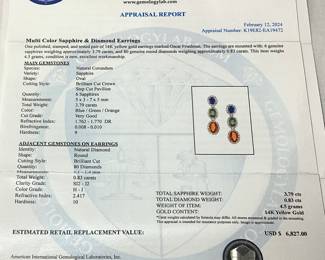 14KT YELLOW GOLD MULTI COLOR SAPPHIRE & DIAMOND EARRINGS, 3.79cts SAPPHIRES, 0.83cts DIAMONDS, 4.5g TOTAL WEIGHT, AIGL APPRAISAL $6,827.00