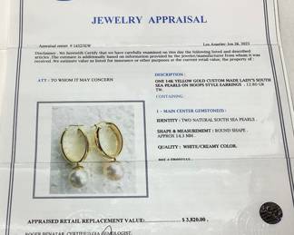 14KT YELLOW GOLD SOUTH SEA PEARL ON HOOP EARRINGS, 12.8g TOTAL WEIGHT, IAS APPRAISAL $3,820.00