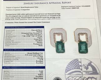 14KT YELLOW GOLD EMERALD & DIAMOND EARRINGS, 3.02cts EMERALDS, 0.16cts DIAMONDS, 5g TOTAL WEIGHT, GGA APPRAISAL $13,470.00
