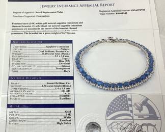 14KT WHITE GOLD SAPPHIRE & DIAMOND BRACELET, 16.48cts SAPPHIRE, 2.76cts DIAMONDS, 16.7g TOTAL WEIGHT, GGA APPRAISAL $29,540.00
