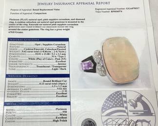 PLATINUM OPAL, SAPPHIRE, & DIAMOND RING, SIZE 7, 8.86cts OPAL, 0.76cts SAPPHIRE, 0.13cts DIAMONDS, 8.8g TOTAL WEIGHT, GGA APPRAISAL $10,630.00