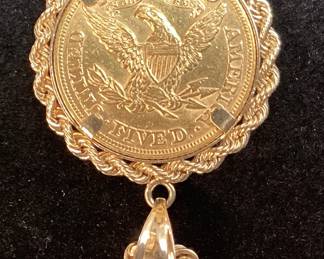 1880 GOLD LIBERTY HEAD $5 22KT COIN SET IN 14KT YELLOW GOLD BEZEL w 10KT CHAIN, 16.6g CHAIN, 2.8g BEZEL, 8.3g COIN