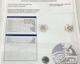 14KT YELLOW GOLD DIAMOND EARRINGS, 1.01cts DIAMONDS, 1g TOTAL WEIGHT, GGA APPRAISAL $7,590.00