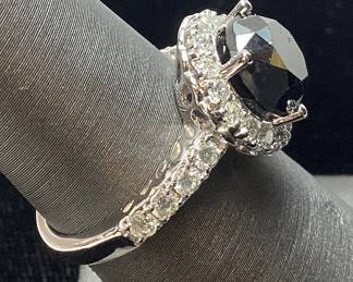 14KT WHITE GOLD FANCY BLACK & COLORLESS DIAMOND RING, SIZE 6, 3.4cts BLACK DIAMOND, 0.67cts COLORLESS DIAMONDS, 5.4g TOTAL WEIGHT, GGA APPRAISAL $6,840.00