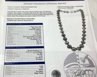 14KT WHITE GOLD TAHITIAN PEARL & DIAMOND NECKLACE, 0.35cts DIAMONDS, 91.9g TOTAL WEIGHT, G.I.A. CERTIFIED, GGA APPRAISAL $10,360.00