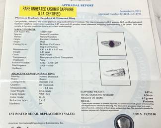 PLATINUM KASHMIR SAPPHIRE & DIAMOND RING, SIZE 6.75, 0.87cts SAPPHIRE, 0.56cts DIAMONDS, 6.2g TOTAL WEIGHT, G.I.A. CERTIFIED RARE UNHEATED KASHMIR SAPPHIRE, AIGL APPRAISAL $13,532.00