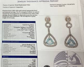 14KT WHITE GOLD AQUAMARINE & DIAMOND EARRINGS, 1.00cts AQUAMARINE, 0.47cts DIAMONDS, 3.5g TOTAL WEIGHT, GGA APPRAISAL $5,720.00