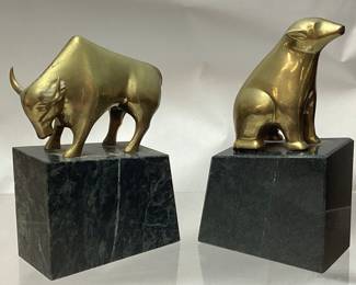 VTG. BRASS BULL & BEAR BOOKEND ON MARBLE BASES