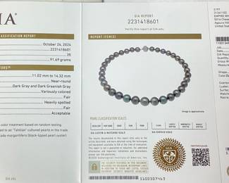 14KT WHITE GOLD TAHITIAN PEARL & DIAMOND NECKLACE, 0.35cts DIAMONDS, 91.9g TOTAL WEIGHT, G.I.A. CERTIFIED, GGA APPRAISAL $10,360.00