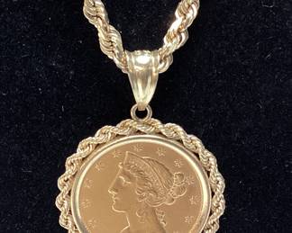 1880 GOLD LIBERTY HEAD $5 22KT COIN SET IN 14KT YELLOW GOLD BEZEL w 10KT CHAIN, 16.6g CHAIN, 2.8g BEZEL, 8.3g COIN