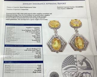 14KT WHITE GOLD SAPPHIRE & DIAMOND EARRINGS, 6.98cts SAPPHIRE, 0.85cts DIAMONDS, 6.6g TOTAL WEIGHT, GGA APPRAISAL $13,640.00