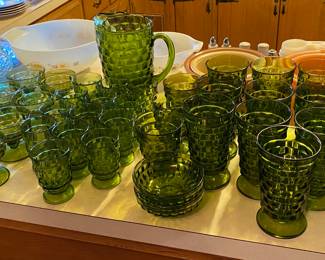 Green Glass Pitcher, Tumblers, Bowls and More