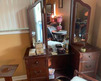 Vintage Wood vanity trifold mirror and bench