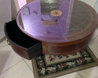 Vintage Drum leather Top Coffee table with glass