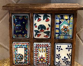 Wood spice/tea cabinet with ceramic drawers