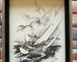 Framed illustration "Sailboats" signed by Christopher Paul Bollen