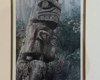 Framed print "Chickadee and Totems" signed by Don Li-Leger