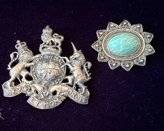 Stieff sterling coat of arms brooch and turquoise pin