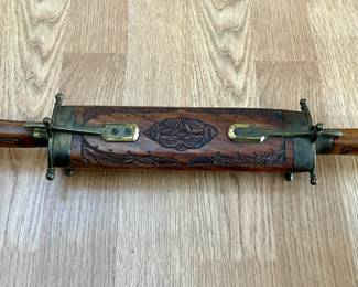 Vintage carving fork and knife in hand carved wood sheath from India