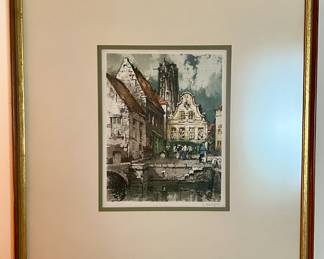 Framed colored etching "Tour de Malinas" signed by Ferdinand Luigini 