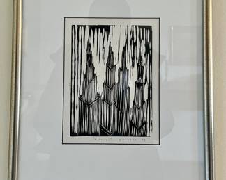 Framed etching "4 Towers" signed by R. McNabb