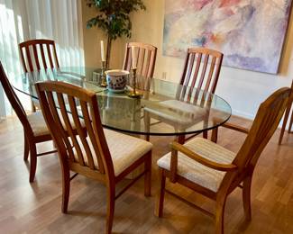 Glass top dining table with marble base and 6 Broyhill chairs