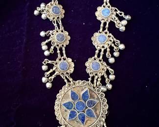 Tibetan fringe necklace with lapis lazuli