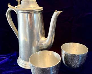 Pewter Stieff tea cups and Sheffield tea pot