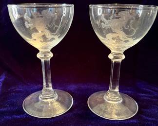 Etched lion wine glasses