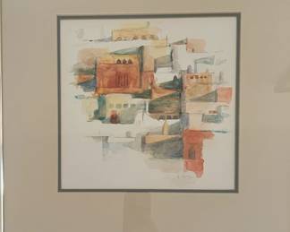 Framed watercolor "Hillside Houses" signed by Arlene Goff