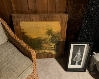 Item on left is 2nd chair of pair, next to chair is vintage table & framed statue