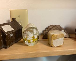 Vintage metal bank, paperweight & carving