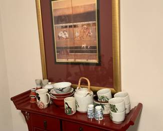 Another very nice framed & matted picture under glsss with small cabinet and more 