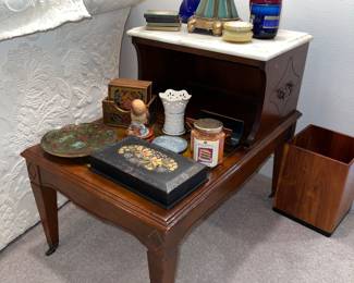 Pair of Antique Two tier step back side tables with Marble & Leather 