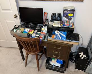 Office desk, office supplies 