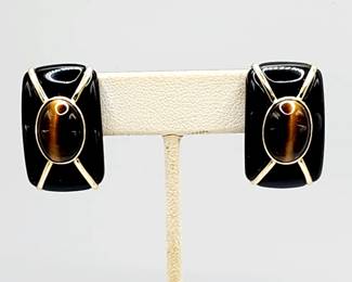 Vintage 1970s onyx, tiger eye & 14k gold earrings 