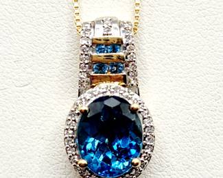 Large 14k blue topaz & diamond pendant 