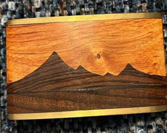 Kenneth Reid 1970's inlaid wood and brass scenic buckle