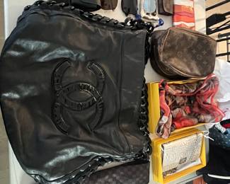 COLLECTION OF AUTHENTIC GUCCI, VUITTON, FENDI SUN GLASSES, PURSES , TIES AND SCARFS